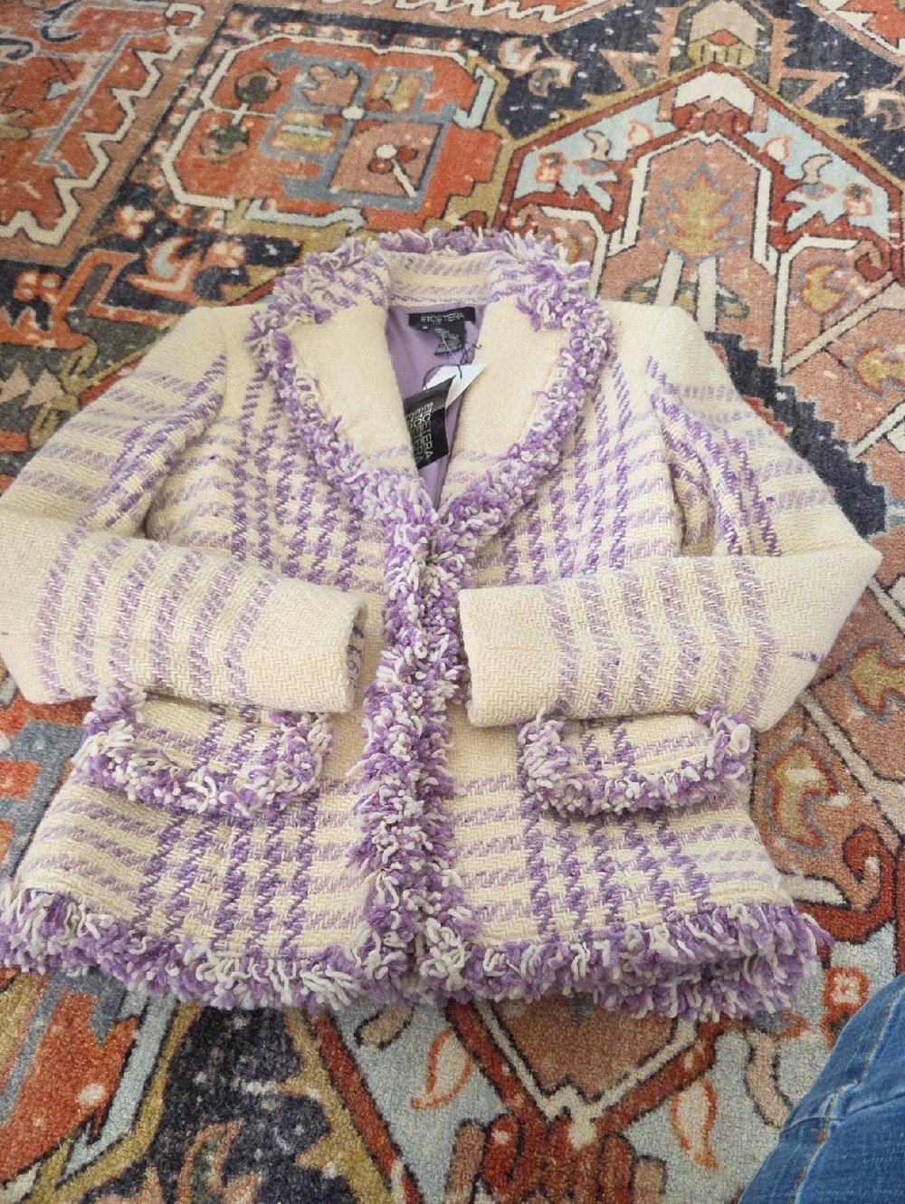 Etcetera Cream & Lavender Bouclé Fringe Tweed Blazer